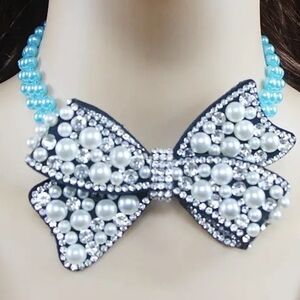 Faux Pearl and Rhinestone Bow Necklace
